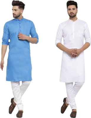 Nirvaan Men Solid Straight Kurta(White, Light Blue)