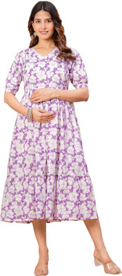 Viyu Creations Women Floral Print Anarkali Kurta(Purple, White)