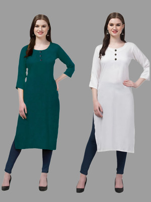 HOFC Women Solid Straight Kurta(Dark Green, White)
