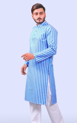 Tibra Collection Men Striped Straight Kurta(Blue, White)