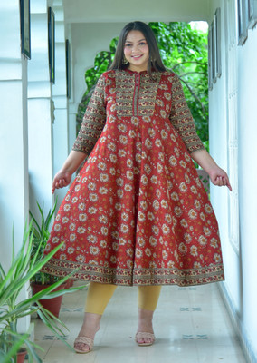 AKIKO Women Floral Print Flared Kurta(Maroon)