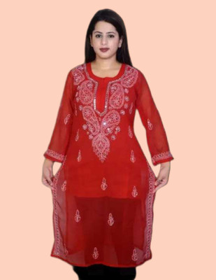 KKHANS SHERAS Women Embroidered Straight Kurta(Red)