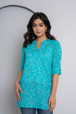 Jaipuri Bunaai Women Floral Print Straight Kurta(Light Blue)