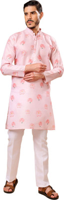 Ashak fashion Men Floral Print Straight Kurta(Pink)