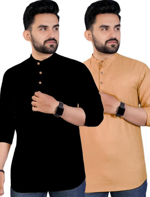 DaReal Men Solid Straight Kurta(Orange, Black)