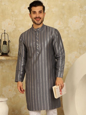 ANOUK Men Striped Straight Kurta(Grey)