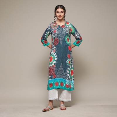 BIBA Women Printed Straight Kurta(Dark Green)