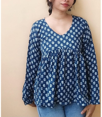 Meandshe Girls Printed Flared Kurta(White, Dark Blue)