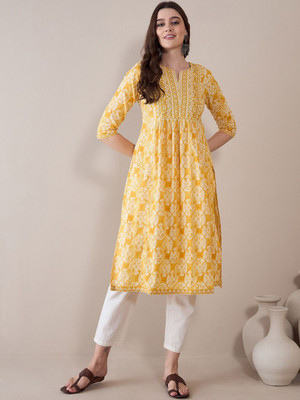 ANOUK Women Floral Print Straight Kurta(Yellow)