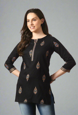 HouseOfCommon Women Printed Straight Kurta(Black)