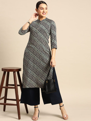 ANOUK Women Printed Straight Kurta(Dark Blue)