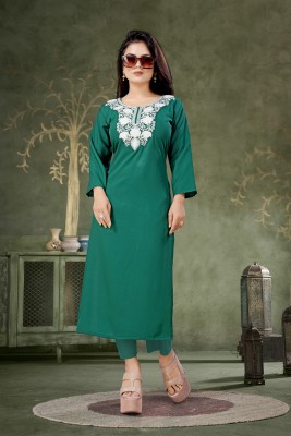 Manidhar Women Chikan Embroidery Straight Kurta(Green)