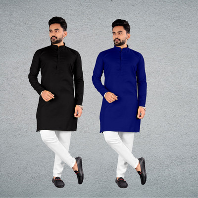 FRELURO Men Solid Straight Kurta(Black)