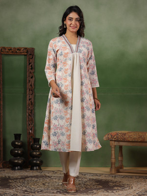 Span Women Floral Print A-line Kurta(White)