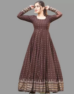 Fashionasta Women Printed Flared Kurta(Brown)