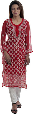 Lucknowi Chikankari Women Chikan Embroidery A-line Kurta(Red)
