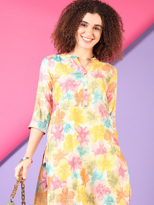 V-MART Women Printed A-line Kurta(Yellow)