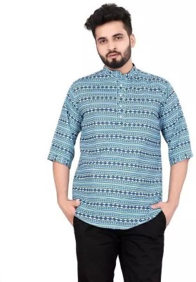 SilverBuck Men Printed Straight Kurta(Blue, Light Blue, White)