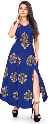 maruti fab Women Floral Print Anarkali Kurta(Blue)