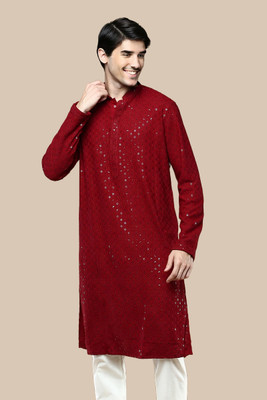 YSYB Dezines Men Chikan Embroidery Straight Kurta(Maroon)