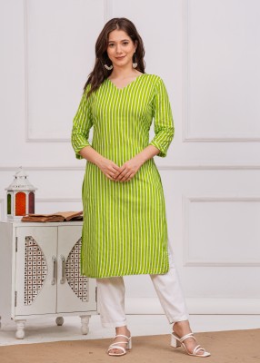 Khejal Women Striped A-line Kurta(Light Green)