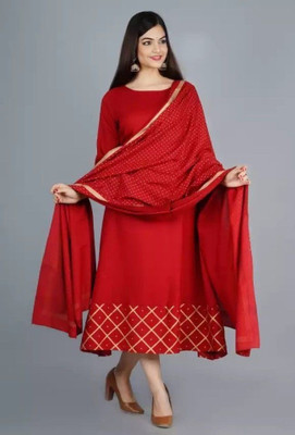 aerotick Women Printed Anarkali Kurta(Red)