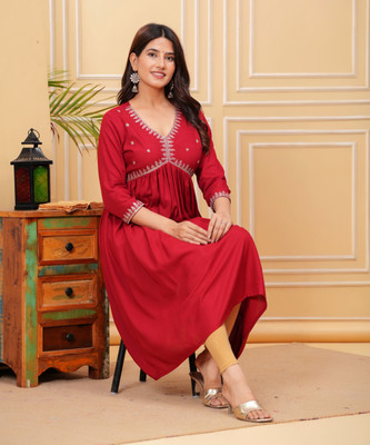 ZAFRAAN Women Embroidered Anarkali Kurta(Maroon)