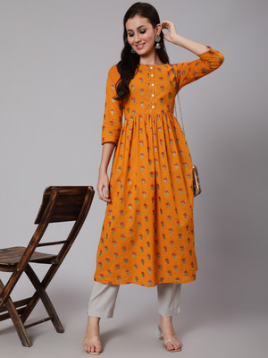 Women Click Women Printed Flared Kurta(Yellow)