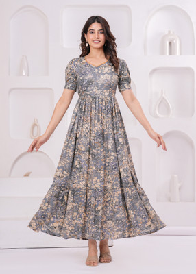 mahira Women Printed Anarkali Kurta(Grey, Beige)