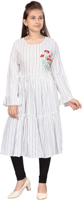 SANGARIA Girls Striped Flared Kurta(Grey)