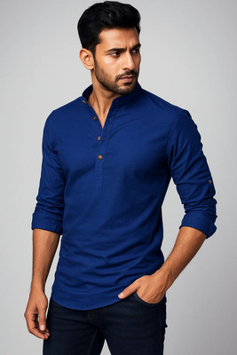 MENSAURA Men Solid Straight Kurta(Dark Blue)