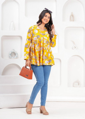 SRP Enterprises Women Floral Print Flared Kurta(Yellow)