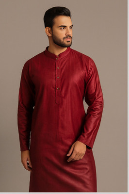 DEEPMAALA TEXTILES Men Self Design High Low Kurta(Maroon)