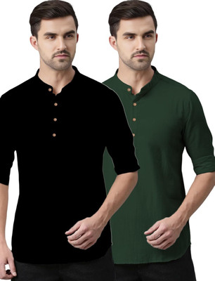 Vimal Star Men Solid Straight Kurta(Black, Green)
