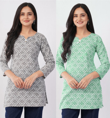 Naaz Enterprises Women Printed Tunic Kurta(Green, Grey)