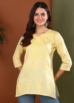 TOP N THREAD Women Chikan Embroidery, Embroidered, Self Design A-line Kurta(Yellow)