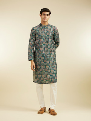 DIWAS by Manyavar Men Printed Straight Kurta(Green)