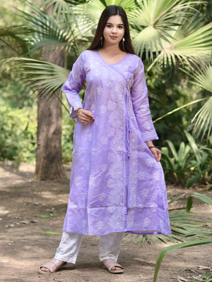 Chikirpolo Women Chikan Embroidery A-line Kurta(Purple)