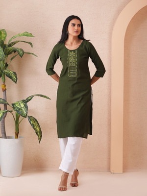 Sold For Style Women Embroidered Straight Kurta(Green)