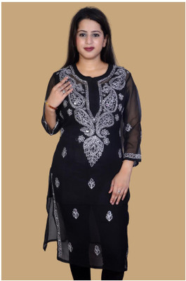 Hahatcloset Women Chikan Embroidery Straight Kurta(Black)