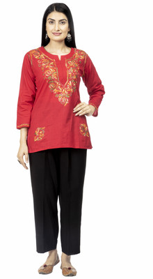 Lucknowi Chikankari Women Chikan Embroidery Straight Kurta(Red)