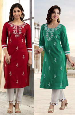 SISTO Women Chikan Embroidery Straight Kurta(Multicolor)