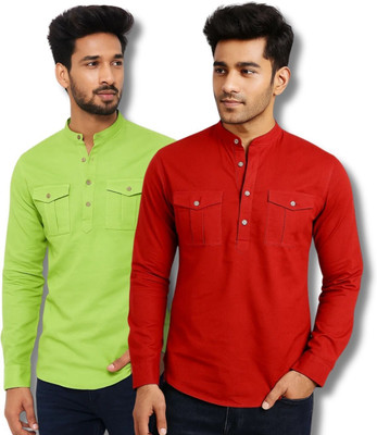 RANGFIT Men Solid Straight Kurta(Light Green, Red)