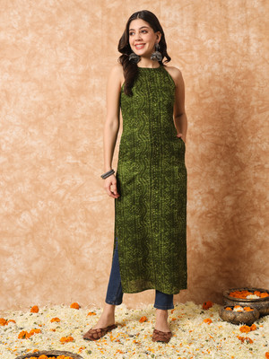 HouseOfCommon Women Bandhani Straight Kurta(Green)