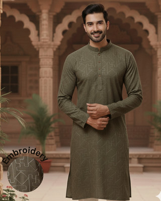 RIGO Men Embroidered Straight Kurta(Green)