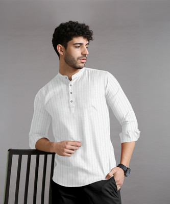 MBF66 Men Striped Straight Kurta(White)