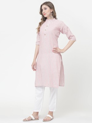 VINH FASHION Women Striped Straight Kurta(White, Pink)