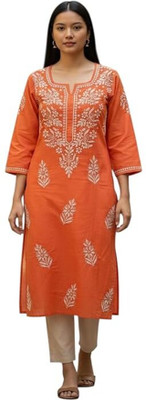 Eddika Women Chikan Embroidery Straight Kurta(Orange)