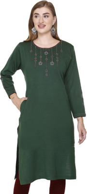 Elthia Women Self Design Straight Kurta(Green)