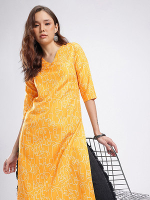 Anouk Rustic Women Printed Straight Kurta(Yellow)